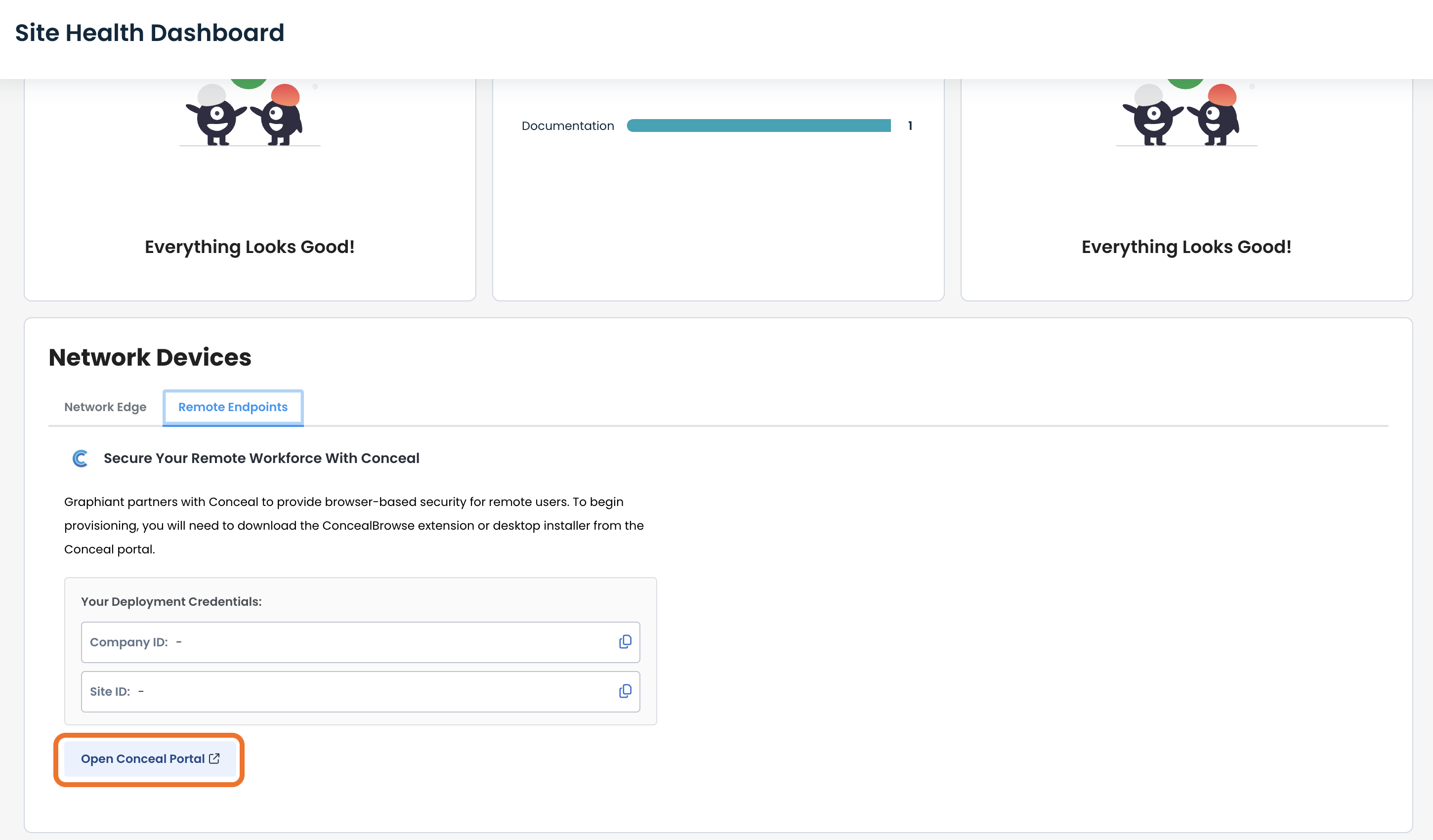Dashboard displaying network devices and a button to open the Conceal portal.